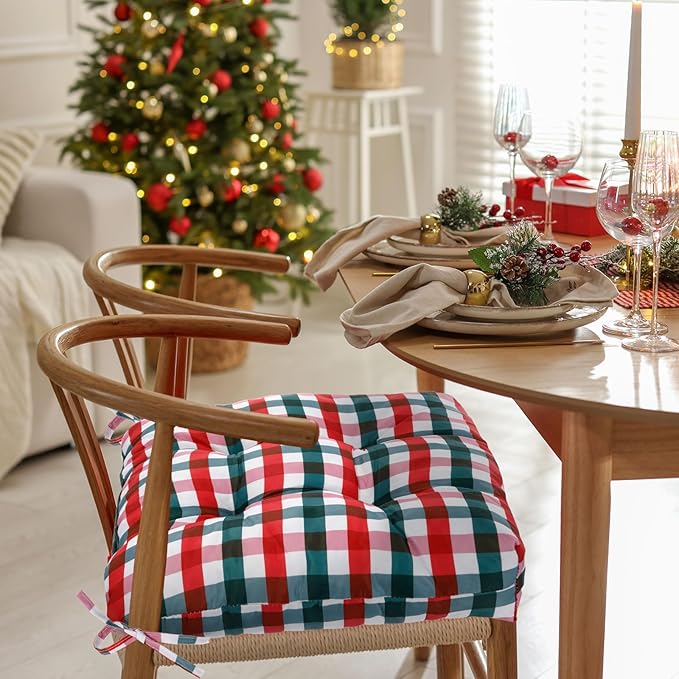 Geetery 4 Pack Christmas Chair Cushions for Dining Chairs, 16" x 15" Red and Green Kitchen Chair Cushions with Ties Buffalo Plaid Soft Comfy Seat Pads for Home Office Living Room Outdoor Indoor