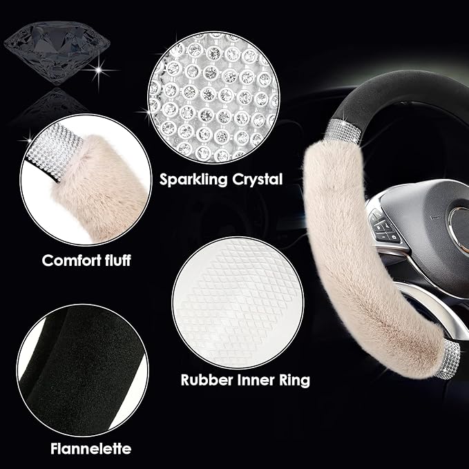 Achiou Steering Wheel Cover, Fluffy, Universal Rhinestone, Comfortable, Non-Slip Luxurious Faux Wool,Bedazzled Car Accessories for Women, Fits for 14.5 to 15 Inch