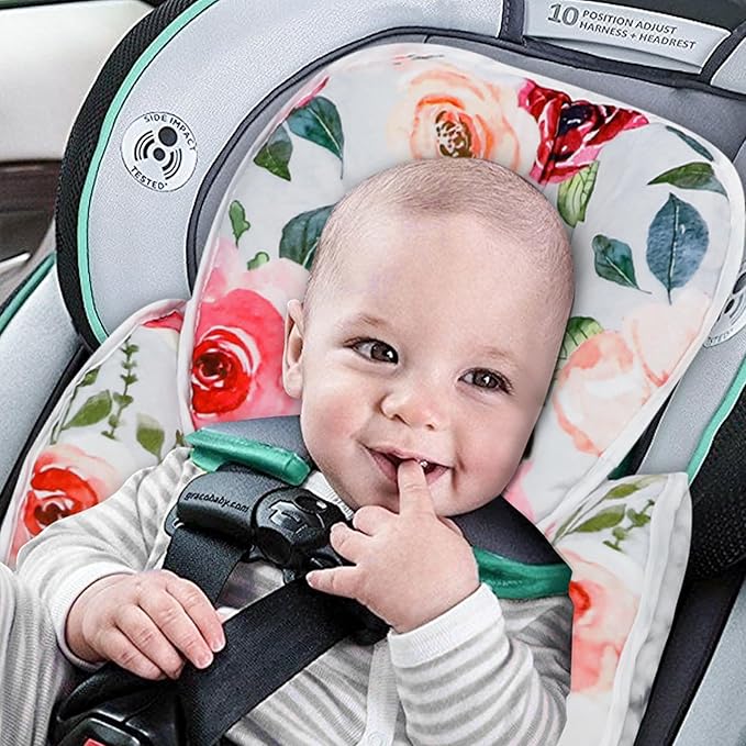 2 in 1 Infant Car Seat Insert, Car Seat Head Support Baby Girls Boys, Soft Newborn Carseat Insert Cushion, Perfect for Carseats, Strollers, Swings (Rose Flower)