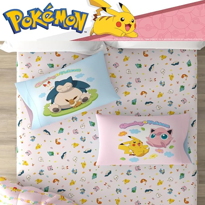 Pokemon Bedding Super Soft Comforter and Sheet Set with Sham, 4 Piece Twin Size, Featuring Snorlax, Pikachu, Eevee & Jigglypuff (Officially Licensed Product) by Franco