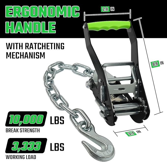 4 Pack Car Tie Down Straps for Trailers - 2" x 8' Heavy Duty Tire Straps with Chain Anchors - 10,000lbs Break Strength, Adjustable Lasso Style Wheel Straps for Hauling Cars, Truck, UTV(Green)