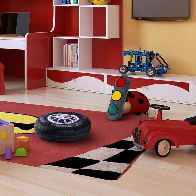 Woanger 2 Pcs Race Car Room Decor Racing Plush Throw Pillow Set Gift 15.7 Inch Soft 3D Simulation Wheel Pillow Funny Tire Cone Traffic Light and Stop for Valentines Bedroom Decorations(Traffic Light)