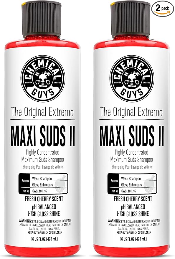 Chemical Guys CWS_101_16 Maxi-Suds II Foaming Car Wash Soap (Works with Foam Cannons, Foam Guns or Bucket Washes) Safe for Cars, Trucks, Motorcycles, RVs & More, 16 fl oz, Cherry Scent (Pack of 2)