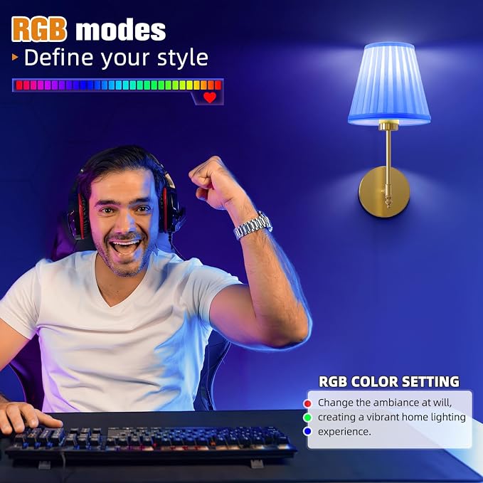 NIORSUN 14.5 inch Battery Operated Wall Sconce Set of 2,Beige Gold Rechargeable Wall Lights with 10400mAh Dimmable Bulbs and Remote,10 Colors Wireless Wall Lamps for Bedroom Living Room
