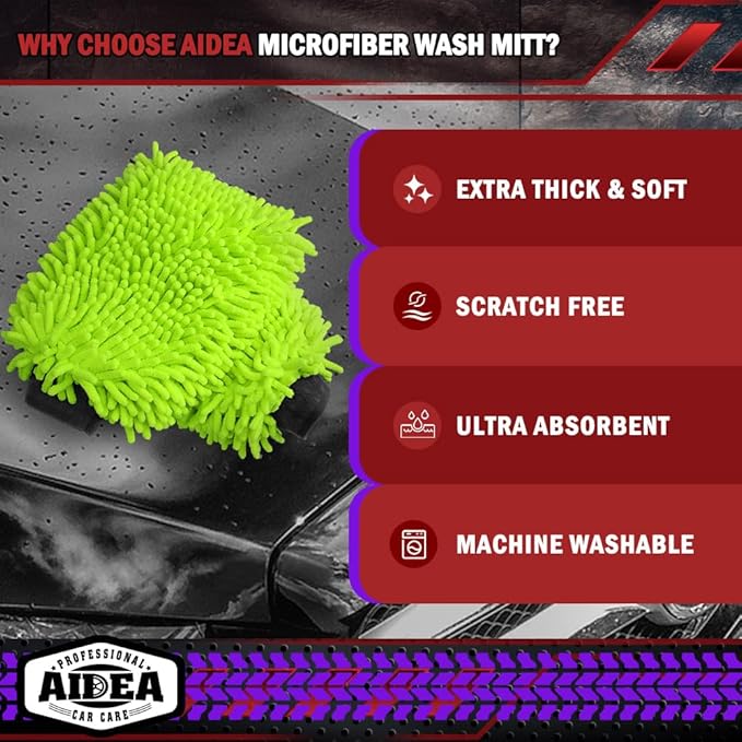 AIDEA Car Wash Mitt Microfiber, 4PK Scratch Free Lint-Free, Premium Chenille Microfiber Mitt Car Wash Brush, Green, Regular Size 7.12''X10.14''