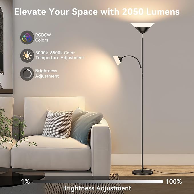 SIBRILLE RGB Torchiere Floor Lamp, 2-in-1 Dimmable Standing Lamp with Remote & Button Control, 34W 360° Rotatable LED Reading Lamp, 72" Modern Tall Corner Lamp for Bedroom, Living Room, Office, Black