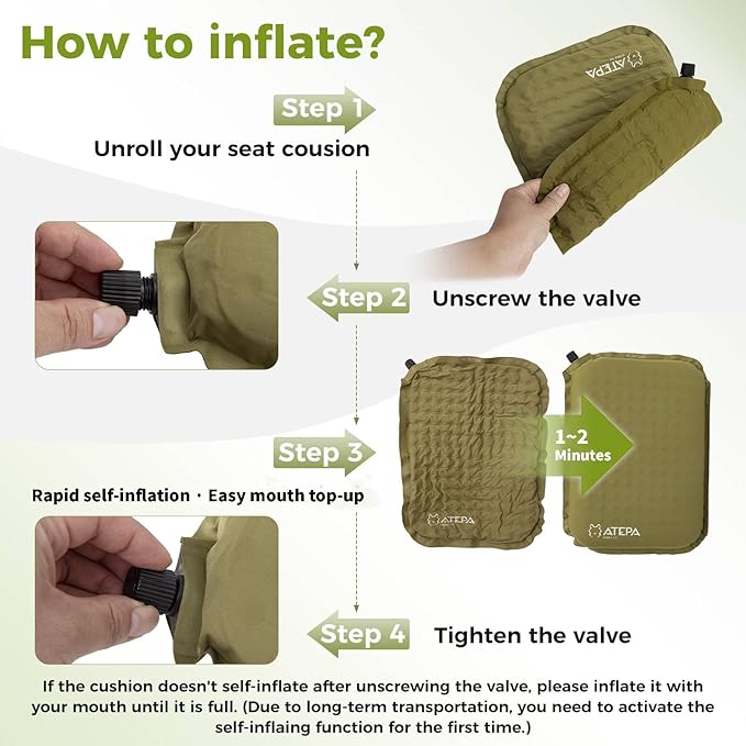 ATEPA Inflatable Seat Cushion, Compact Self-Inflating Seat Cushion for Stadium Airplane Air Travel Bleacher Camping, Blow Up Foam Seat Pad for Outdoor Sports Events Backpacking Hiking Sitting