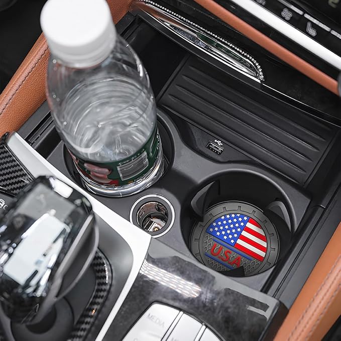 AUCELI 2 Pack Car Cup Holder Coasters, Colored American Flag US Flag Insert Car Cup Coaster, 2.75 Inch Anti Slip Shockproof Embedded Drink Mat, Vehicle Interior Decor Accessories