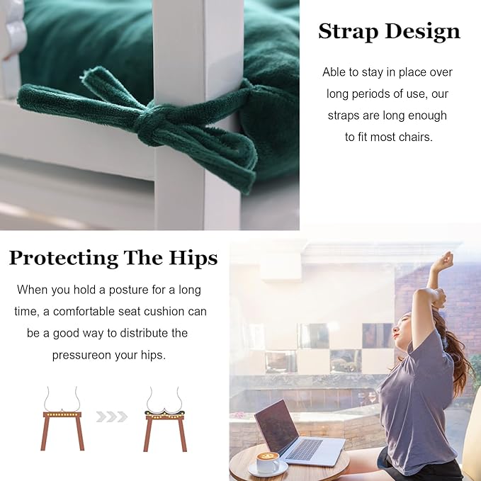 6 Pack Square Seat Cushion Chair Pads for Kitchen Dining Chairs, Soft Comfort Velvet Chair Mat Pillow Cushions with Ties for Office Desk Living Room Tatami 15.5", Dark Green