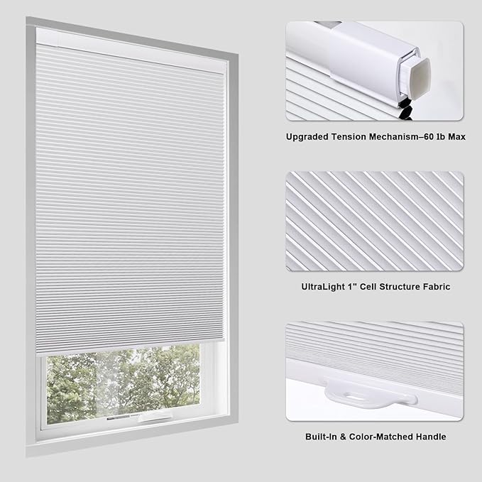 Tonature No Drill Cellular Shades for Indoor Windows, Thermal Insulating & Noise Reducing Honeycomb Blinds, Free Stop Cordless Blackout Shades, White,41" W x 48" H
