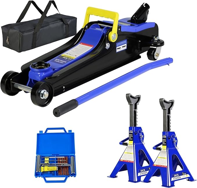 4 Piece Car Truck Floor Jack Service, Hydraulic Trolley Floor Jack & Jack Stands & Tire Repair Kit for Garage Repair Shop DIY, Lifting Range 3.3"-15.2", Steel Car Jack 2 Ton/4000 LBS Capacity