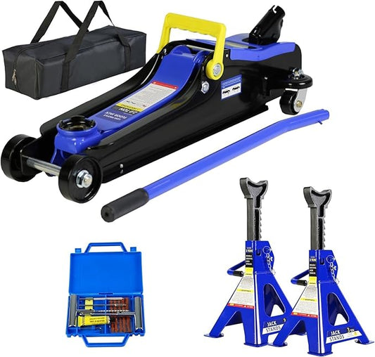4 Piece Car Truck Floor Jack Service, Hydraulic Trolley Floor Jack & Jack Stands & Tire Repair Kit for Garage Repair Shop DIY, Lifting Range 3.3"-15.2", Steel Car Jack 2 Ton/4000 LBS Capacity