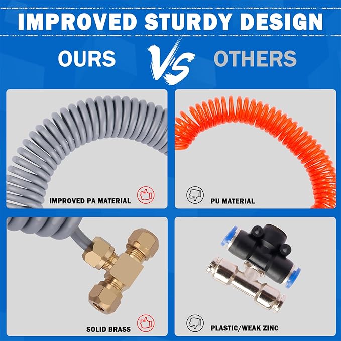 Heavy Duty Truck Air Seat Blow Gun Kit 1/4 Inch 11.5FT PA Nylon Coil Air Hose Brass Compression Fittings Connect Lever Air Duster Blow Gun Cleaning with 2 Nozzle Tips Gray