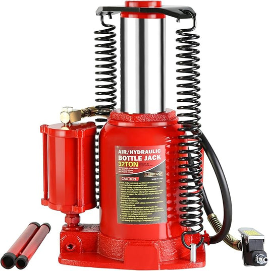 32 Ton Air Hydraulic Bottle Jack with Air-Powered or Manual Operation, One-Piece Hydraulic Cylinder Design, Air Bottle Jack with Independent Air Pump Body and Carry Handle