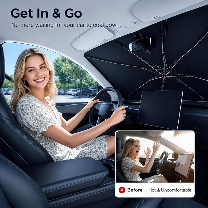 2026 Upgraded DooGooCoo Windshield Sun Shade Umbrella for Car, Reinforced Frame, UV Block Heat Shield, Keeps Interior Cooler, Foldable Front Windshield Cover, Small (52"x31")