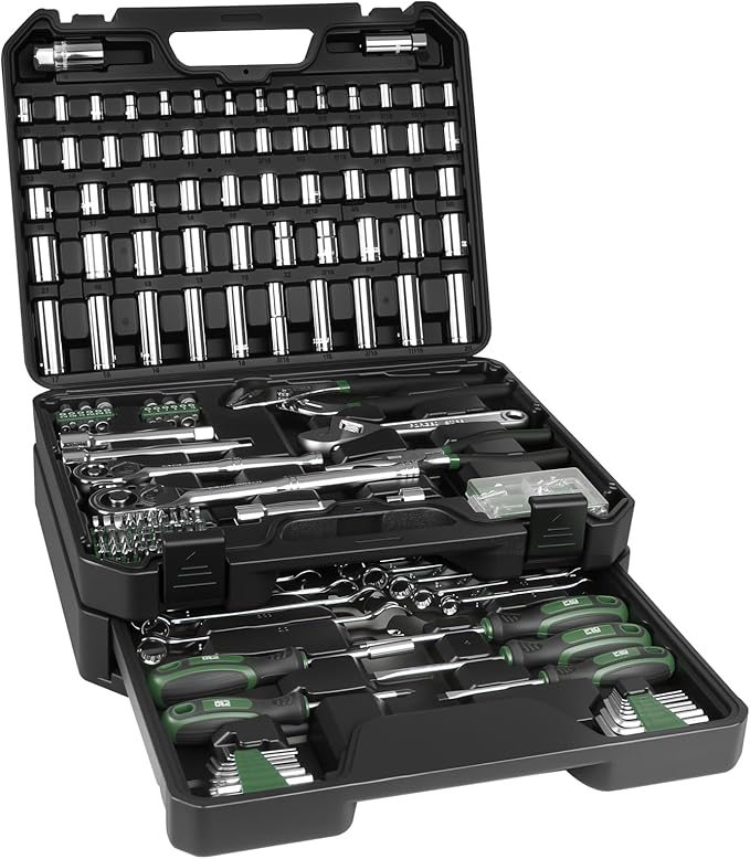 Prostormer Mechanics Tool Set with Drawer Box, 279-Piece SAE and Metric Mechanic Tool Kit with Wrenches & Sockets, General Tool Kit for Car, Motorcycle, Home Repair (Green)