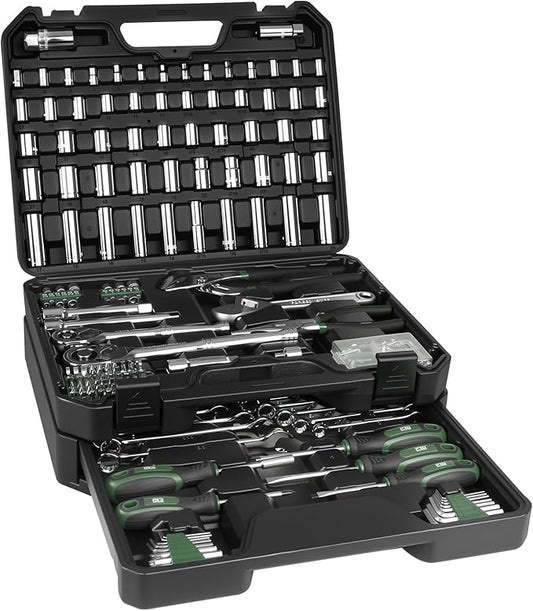Prostormer Mechanics Tool Set with Drawer Box, 279-Piece SAE and Metric Mechanic Tool Kit with Wrenches & Sockets, General Tool Kit for Car, Motorcycle, Home Repair (Green)