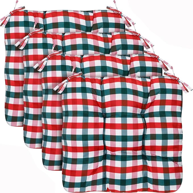 Geetery 4 Pack Christmas Chair Cushions for Dining Chairs, 16" x 15" Red and Green Kitchen Chair Cushions with Ties Buffalo Plaid Soft Comfy Seat Pads for Home Office Living Room Outdoor Indoor
