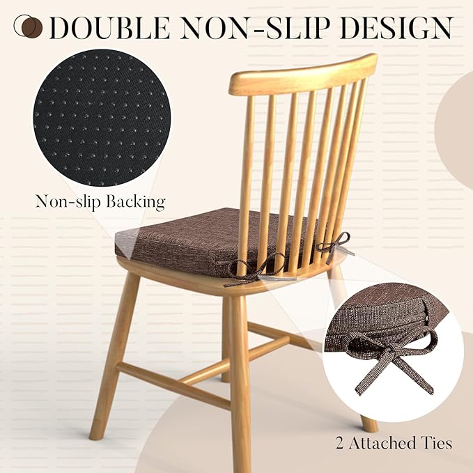 Basic Beyond Chair Cushions for Dining Chairs with Ties and Removable Cover, 2" Thick Seat Cushions for Kitchen Chairs, Set of 4, 17" x 16", Brown