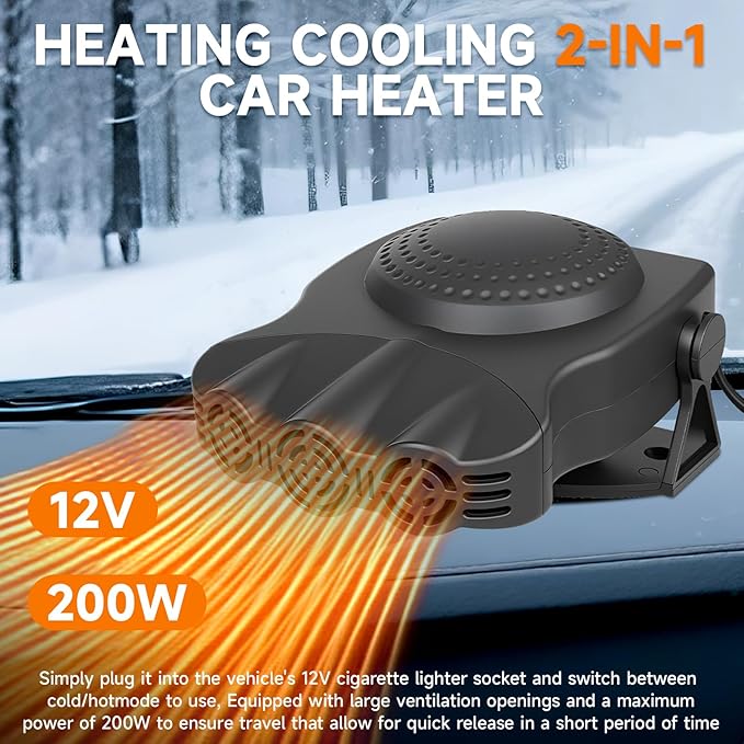 Car Heater 12V 200W 2-in-1 Defroster & Defogger, Fast Heating, Large Airflow, 360° Rotation, Durable High-Temp Design for All 12V Vehicles
