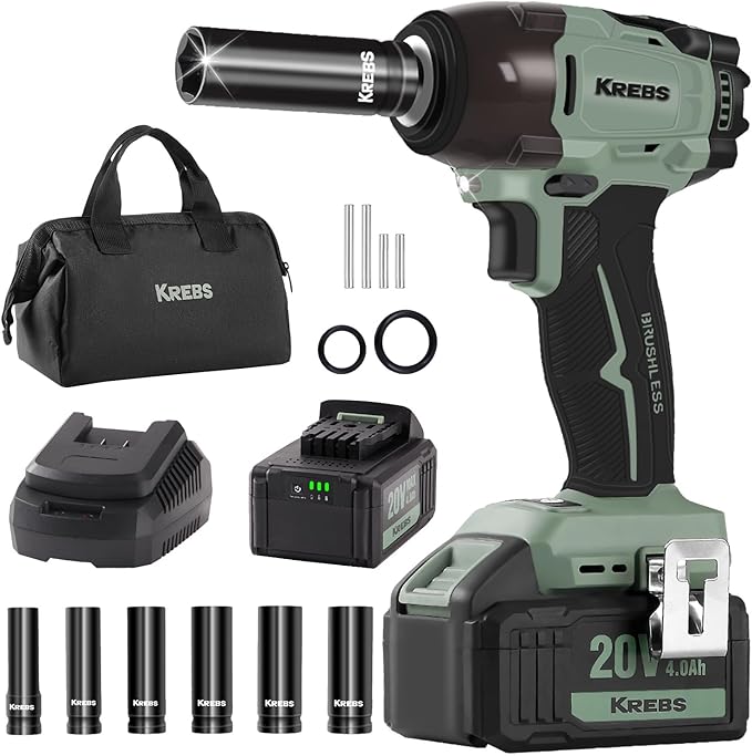 KREBS 20V Cordless Impact Wrench High Torque Max 260Ft-lbs(350N.m) Portable Impact Driver 1/2 inch Brushless with 6 Sockets 4.0Ah Battery Electric Power Wrench for Car, Workshop, Home, DIY Project