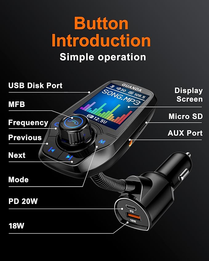 Upgraded Bluetooth 5.3 FM Transmitter for Car, Wireless Radio Adapter Kit W 1.8" Color Display Hands-Free Call AUX in/Out SD/TF Card USB Charger PD 20W for All Smartphones Audio Players - Black