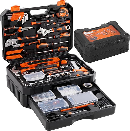 OLIXIS 330-Piece Home Repair Tool Kit with Pull-Out Drawer, Complete Homeowners Tool Kit for DIY & Auto Maintenance for Home, Carbon & Cr-V Steel Tool Box, Black-Red