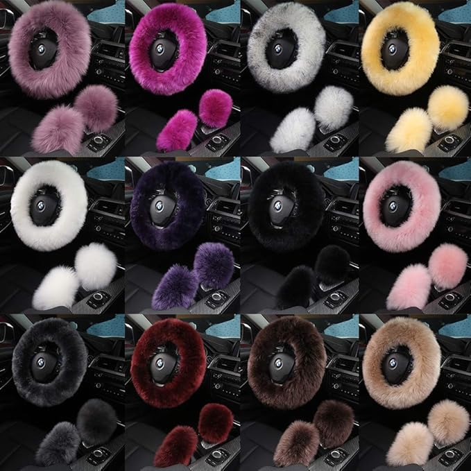 3Pcs Set Fashion Fluffy Fuzzy Wool Fur Soft Car Steering Wheel Cover with Handbrake Cover & Gear Shift Cover for Women/Girls/Ladies Auto Long Wool Accessories, Pink