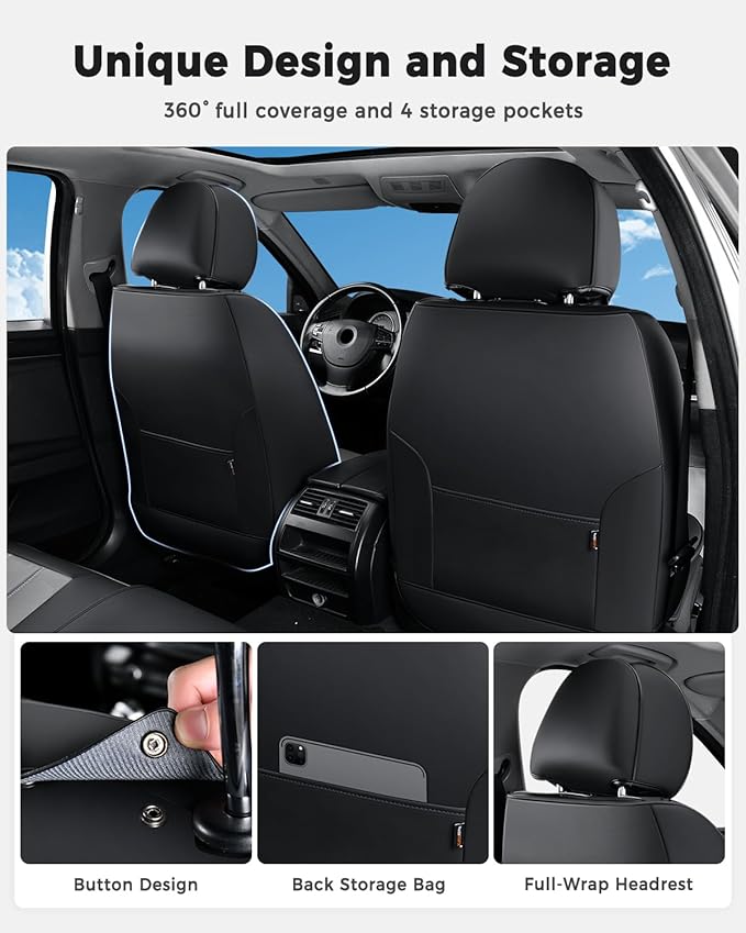 Huidasource Leather Car Seat Covers Full Set, Full Coverage Universal Fit for Most Cars SUVs Trucks, Easy Install with Velcro, Airbag Compatible, Retains Seat Functions & Cupholders, Black & Gray