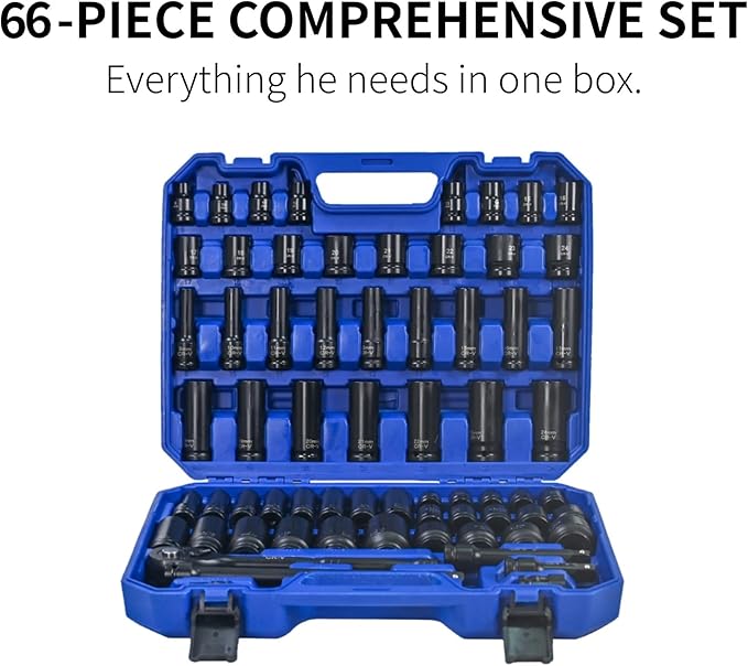 66-Piece Impact Socket Set 3/8 Inch Drive, Deep and Shallow Sockets with 72-Tooth Ratchet, Extension Bars, Universal Joints, CR-V Heavy Duty Mechanic Tool Kit with Case, Black&Blue