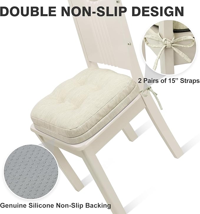 Shinnwa Dining Chair Cushions Set of 4, Dual-Layer Memory Foam Kitchen Chair Cushions, Patented Design Seat Pads with Ties, 16.5 x 16.5 x 3.5in, 4 Pack, Ivory