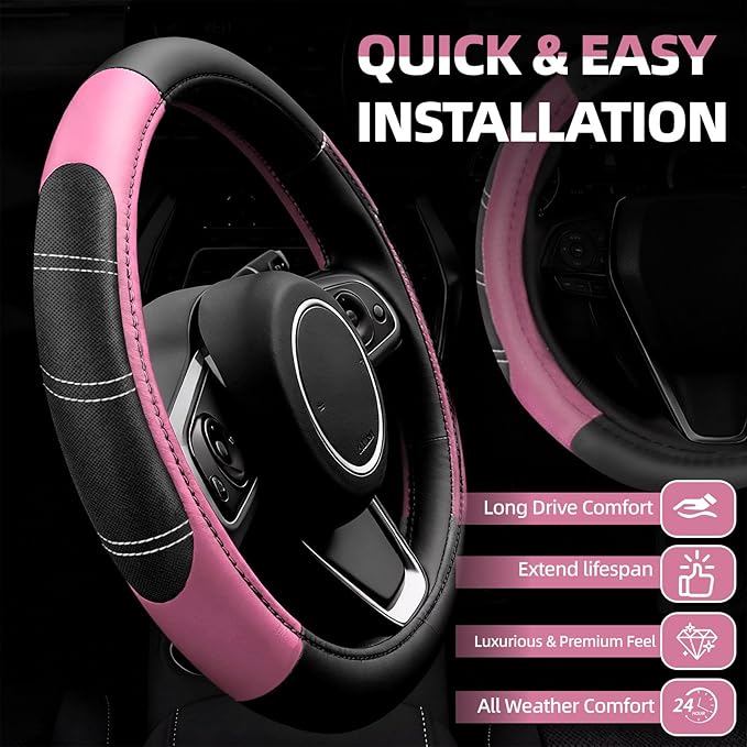 NBTEPEM 6 Pcs Pink Car Accessories Set, Sport Leather Steering Wheel Cover 14.5-15inch Universal, Microfiber Leather Car Center Console Cover, Seat Belt Cushion, Cup Holder Coaster (Black-Pink)
