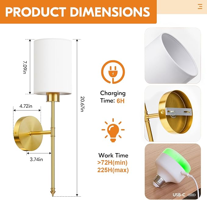 NIORSUN 20.67 inch Battery Operated Wall Sconce Set of 2, Gold Rechargeable Wall Lights with 10400mAh Dimmable Bulbs and Remote, 9 Colors Wireless Wall Lamps for Bedroom Living Room Hallway