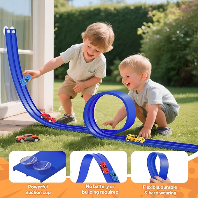 KETIEE Flex Tracks 16Ft for Kids: Flexible Race Car Ramp Track with 2 Small Racecars and 4 Suction Cups Compatible with Diecast 1/64th Cars, Rolls Up Portable Racetrack for Ages 3 & Up