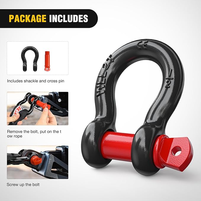 Nilight 4 Pack Small Shackles 1/2" D-Ring Shackle 2 Ton (4409 lbs) Capacity Heavy Duty Off Road Recovery Shackle Kit for Cars and Other Applications for Tie Downs, Black Red