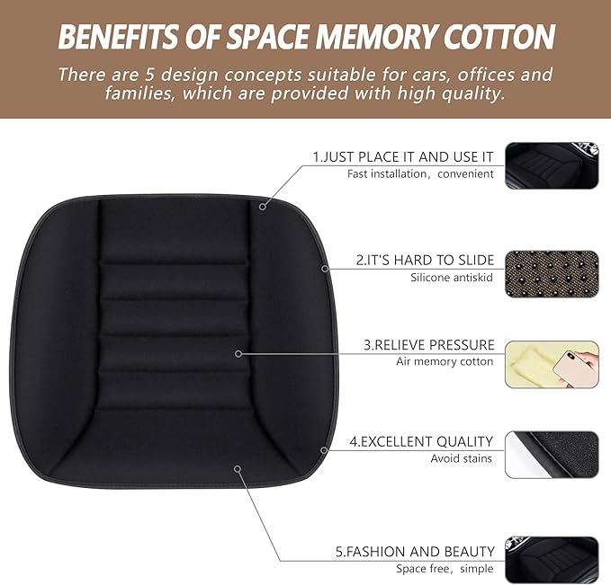 MYFAMIREA 2PCS Car Seat Cushion Pad 1.2" Thick Comfort Seat Protector for Car Driver Seat Office Chair Home Use Memory Foam Seat Cushion with Non Slip Bottom, 20'' x 18.5'', Black