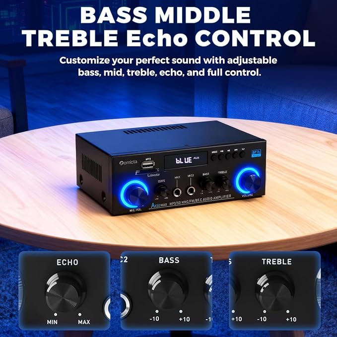 Romicta AK50MAX Stereo Audio Amplifier, Home Audio Stereo Receiver Bluetooth 5.0 with 400W 2.0 Channel FM Radio, Echo, USB, SD Card, AUX with Remote Control Home Theater Audio Stereo System