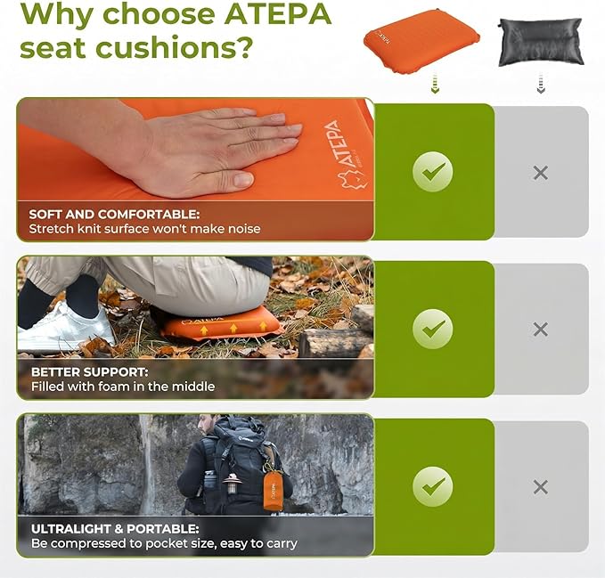 ATEPA Inflatable Seat Cushion, Compact Self-Inflating Seat Cushion for Stadium Airplane Air Travel Bleacher Camping, Blow Up Foam Seat Pad for Outdoor Sports Events Backpacking Hiking Sitting