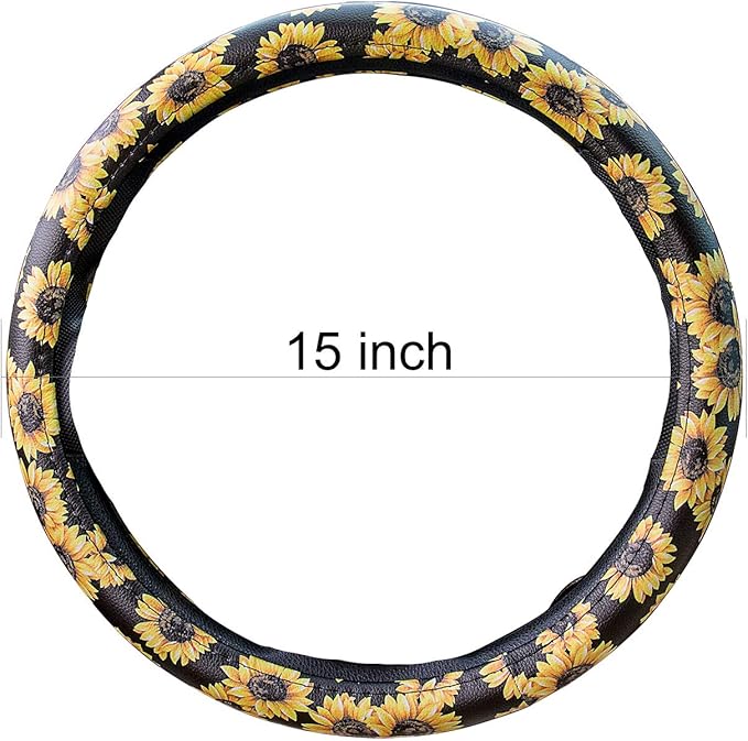 Evankin Sunflower Steering Wheel Cover Cute and Handmade,Leather Universal Steering Wheel Cover 15 inch, Fashionable Boho Sunflower Car Accessories for Women,Top Girl Car Accessories