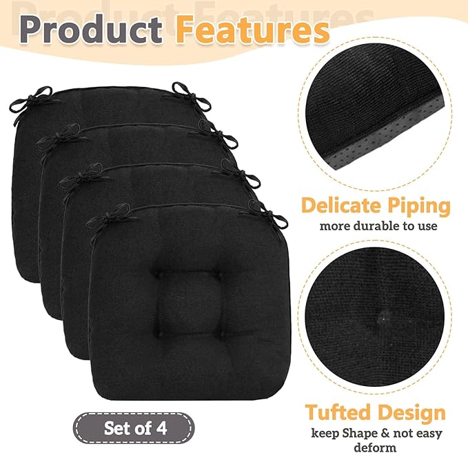 MAGIC ELEPHANT Chair Cushions for Dining Chair, Shredded Memory Foam Kitchen Chair Cushions Set of 4, Non-Slip Thick Dinning Room Chair Pads Seat Cushions, 15.5" x 15.5" x 4" (Black)