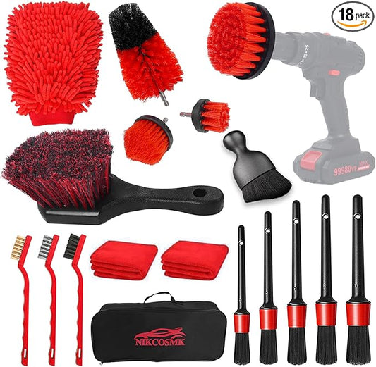 Car Detailing Kit, 18Pcs Car Detailing Brush Set, Car Cleaning Kit, Drill Brush Set, Car Detailing Brushes, Tire Brush - Car Wash Kit, Car Cleaning Tools brushes for Interior, Exterior, Wheels