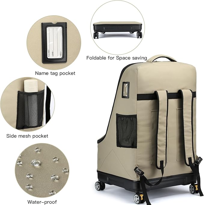 TUGUAN Car Seat Travel Bag for Airplane with Spinner Wheels, Infant Car Seat Bags for Air Travel with Hard Bottom, Padded Car Seat Backpack, Large Car Seat Storage Bag for Airport Check, Brown