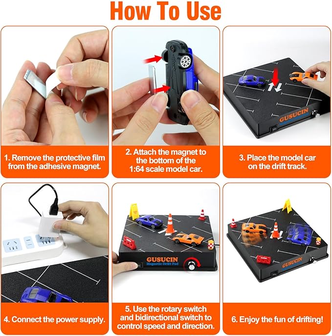 Magnetic Drift Pad for Hot Wheels Cars 1:64 – Spinning Drift Track with Adjustable Speed & Direction, USB Powered Drift Pad with 5 Decorations, Display Stand for1:64 Scale Diecast Cars (Parking Lot)