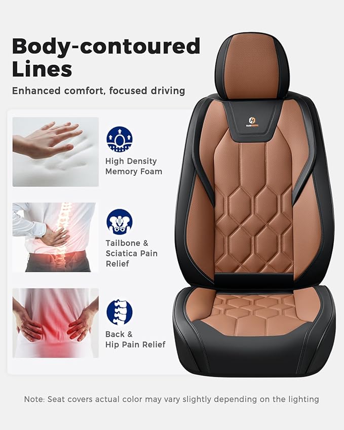 Huidasource Seat Covers Full Set, Universal Fit for Most Cars SUV Trucks, Full Coverage Leather Seat Cover, Airbag, Cupholder Compatible, Seat Function Retain, Easy Install with Velcro, Black & Brown