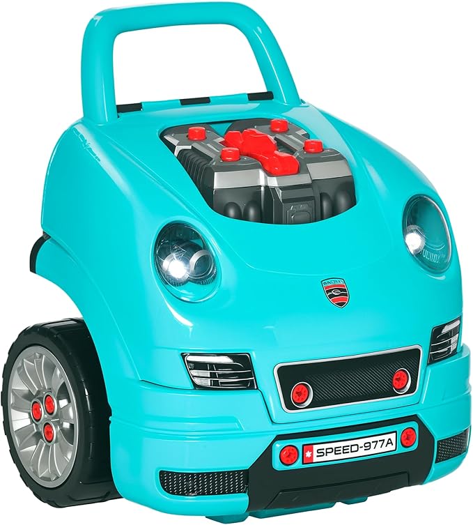 Qaba Truck Engine Toy, Kids Mechanic Set with Lights, Sounds, Steering Wheel and Horn, Pretend Car Service Station Play with 61-Piece Included for Kids Aged 3+, Blue