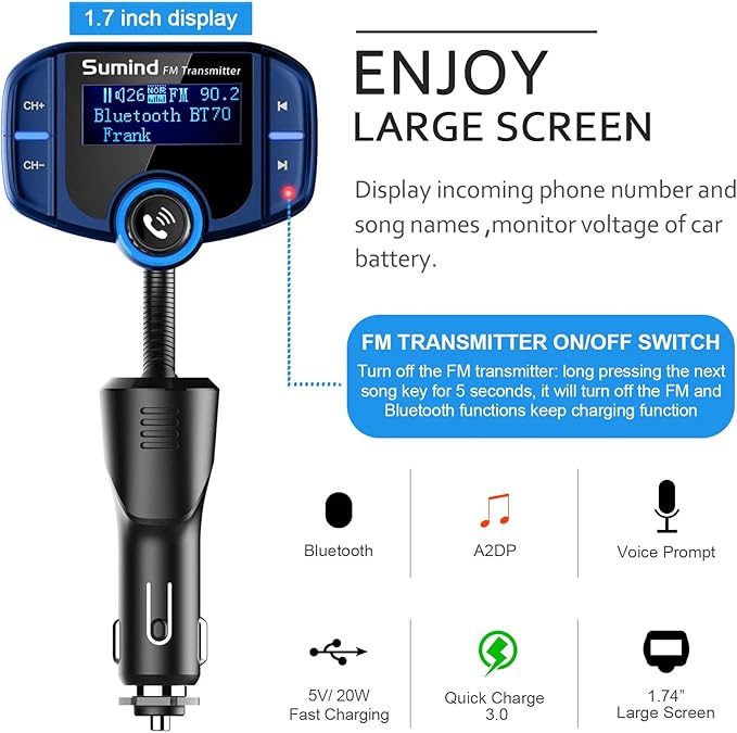 Sumind 2026 Upgraded Wireless Bluetooth Car Adapter FM Transmitter, 1.7'' LCD Display, Flexible Gooseneck, 20W QC3.0&Dual USB Ports, AUX Input/Output for Hands-Free Call, Micro/TF Card(Blue,PD)
