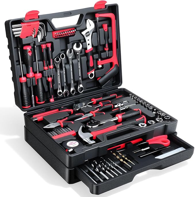 Tool Set- 412 Piece Home Repair/Auto Tool Kit, Storage Organizer with Drawers, Toolbox Storage Case for Women & Men, Perfect for Homeowner, Diyer, Handyman, DIY- Red