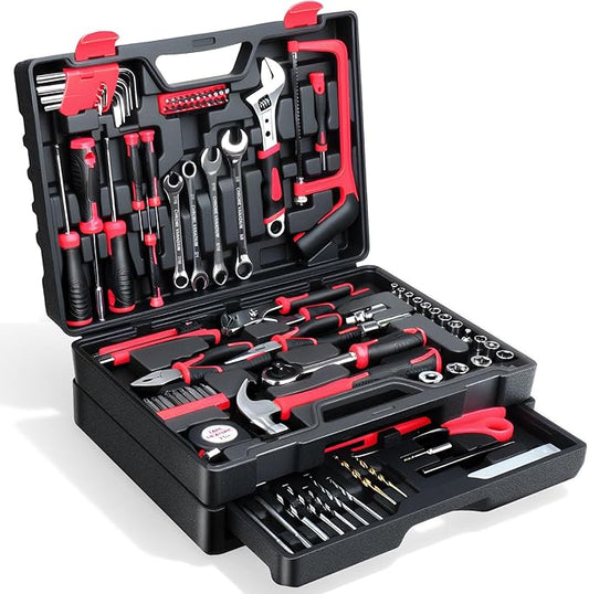 Tool Set- 412 Piece Home Repair/Auto Tool Kit, Storage Organizer with Drawers, Toolbox Storage Case for Women & Men, Perfect for Homeowner, Diyer, Handyman, DIY- Red