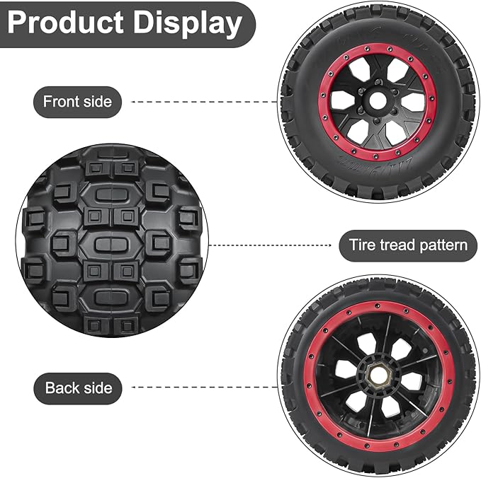 1/5 RC Tires and Wheels for Traxxas 1/5 X-MAXX 8S Arrma 1/5 Kraton 8S 1/5 Outcast 8S, RC Monster Truck Tires 24mm Hex Wheels (4PCS, Red)