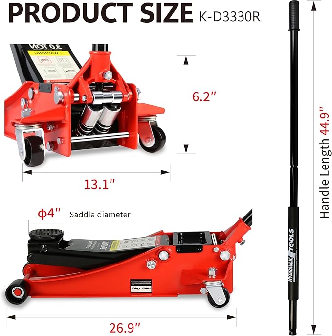 Pro Steel 3 Ton Low Profile Racing Floor Jack - Dual Pistons Quick Lift Pump, Red Heavy Duty Hydraulic Jack, 3.3"-18.5" Lift Range, 6600 lb Capacity